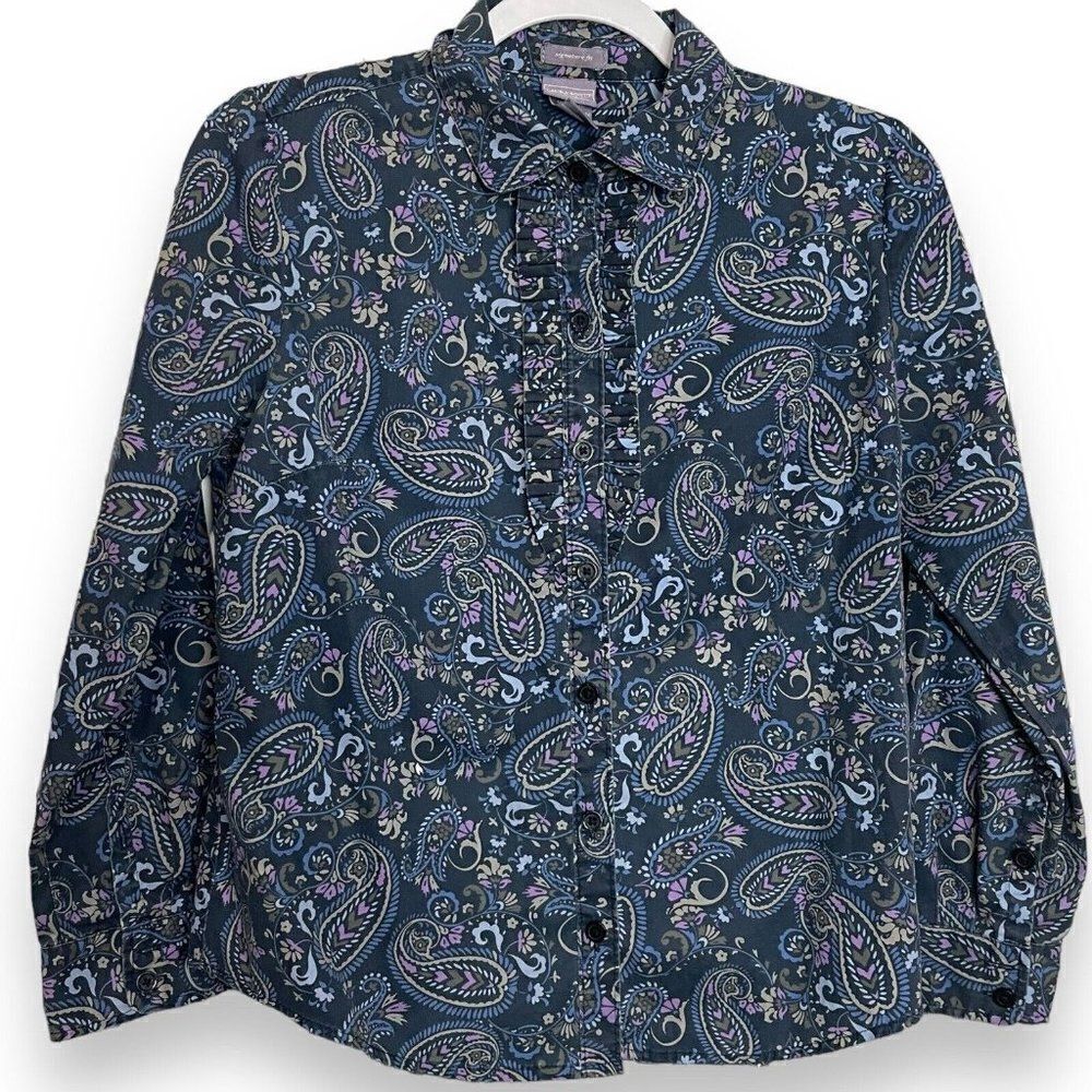 Laura Scott Button Up Shirt Women's Small Petite Paisley Print Top Career Shirt